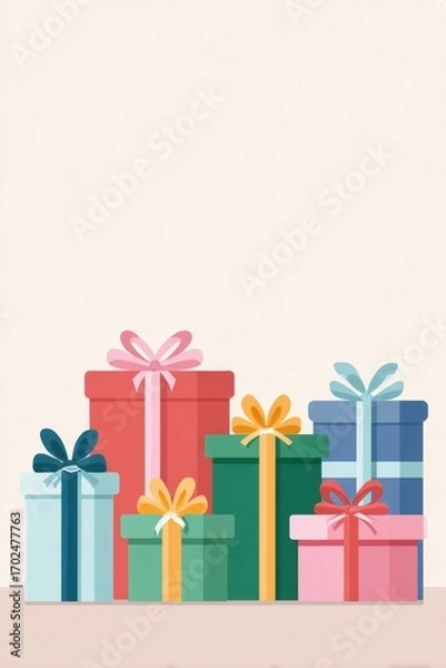 Fototapeta Colorful gift boxes stacked together with various ribbons and bows, creating a festive atmosphere, perfect for celebrations and special occasions with copy space