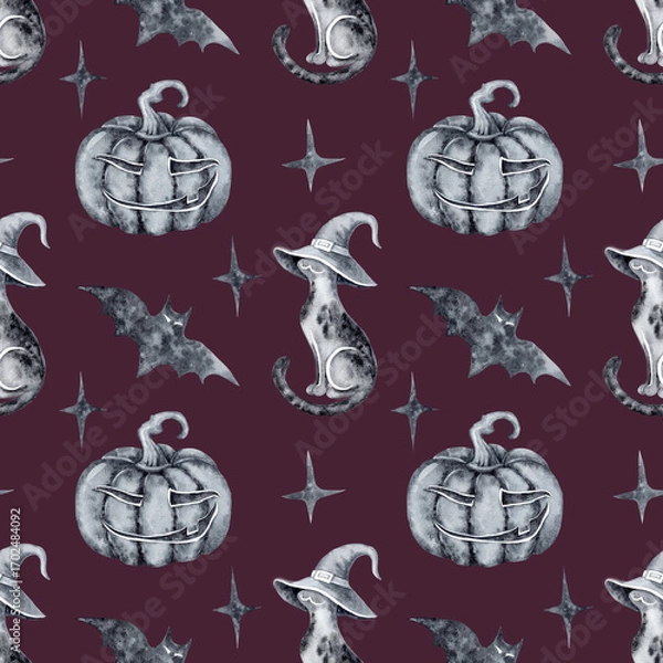 Fototapeta Seamless pattern for halloween watercolor black cats in witch hats bats stars funny pumpkins on a burgundy red background hand drawn with