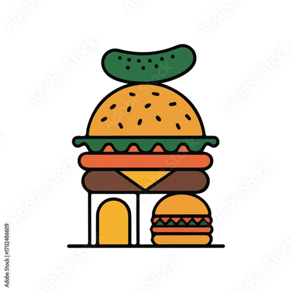 Fototapeta Stylized Burger with Pickle on Top Featuring Various Ingredients and a Second Smaller Burger Next To It with Minimalist Design