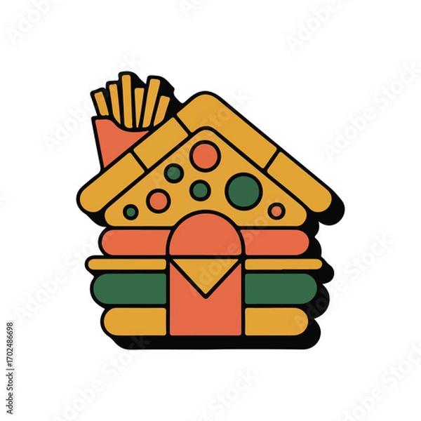 Fototapeta Unique and Fun Food House Icon Illustration with Burger Fries and Pizza for Creative Food Designs and Menu Graphics
