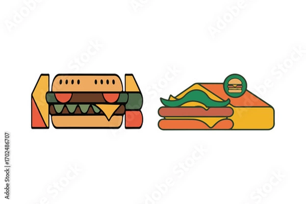 Fototapeta Two colorful abstract burger illustrations showcasing geometrical shapes and retro color palette for design and branding projects