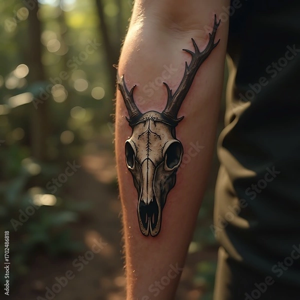 Obraz Showing Deer Skull Tattoo on Arm in Outdoor Setting