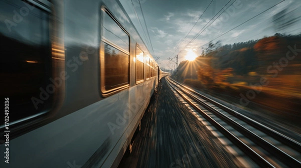 Fototapeta High-speed train moving through a scenic landscape, motion blur effect, sunlight glinting off metal, dynamic and futuristic travel vibe.