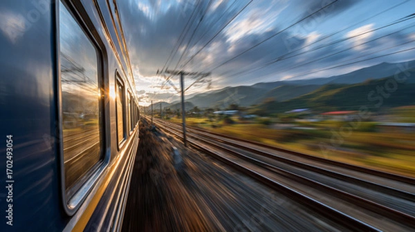 Fototapeta High-speed train moving through a scenic landscape, motion blur effect, sunlight glinting off metal, dynamic and futuristic travel vibe.