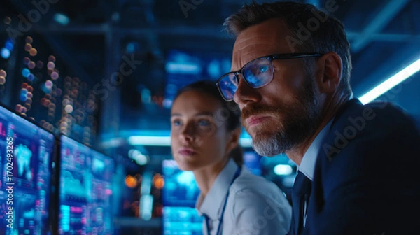 Fototapeta Professionals analyzing market data on multiple screens, futuristic office, holographic charts, focused expressions, ambient LED lighting.