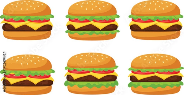 Fototapeta six cartoon burgers neatly arranged in two rows