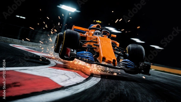 Fototapeta Orange Formula 1 car sparks while hitting curb during night race turn