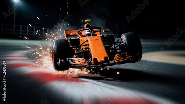 Fototapeta Orange formula one car cornering over kerb with sparks flying, motorsport night race
