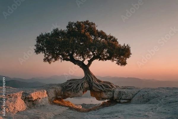 Obraz A lone tree on a hill with roots shaped like a peace symbol, resilient and strong