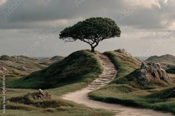 Obraz A lone tree on a hill with roots shaped like a peace symbol, resilient and strong