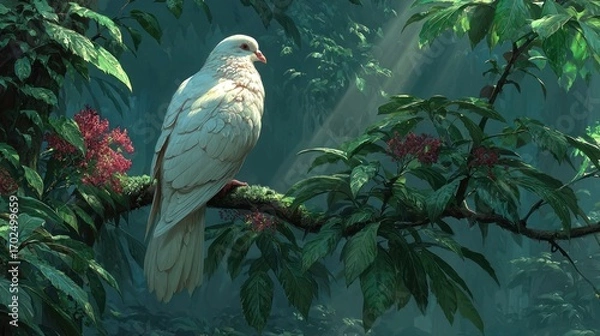 Obraz A lush forest clearing with a single beam of sunlight illuminating a white dove on a branch
