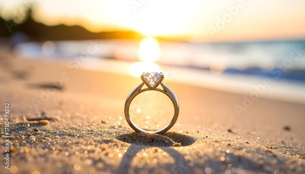Fototapeta A diamond ring sparkles in sand on a beach at sunset. Soft focus background includes ocean and sun