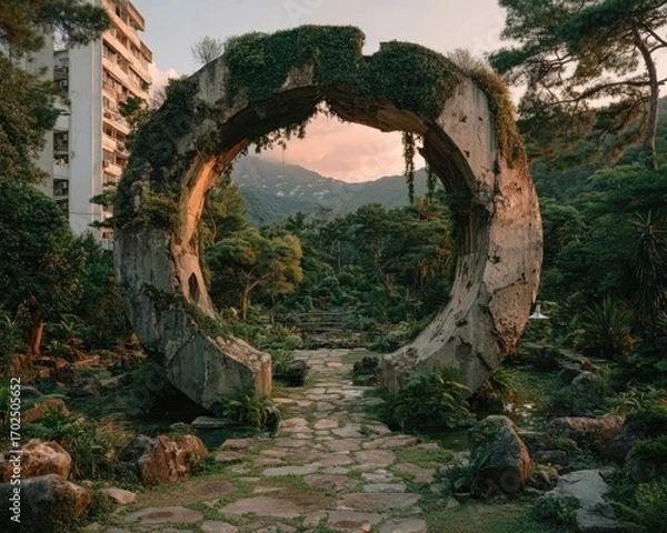 Obraz A monument shaped like a giant peace symbol in the middle of a garden