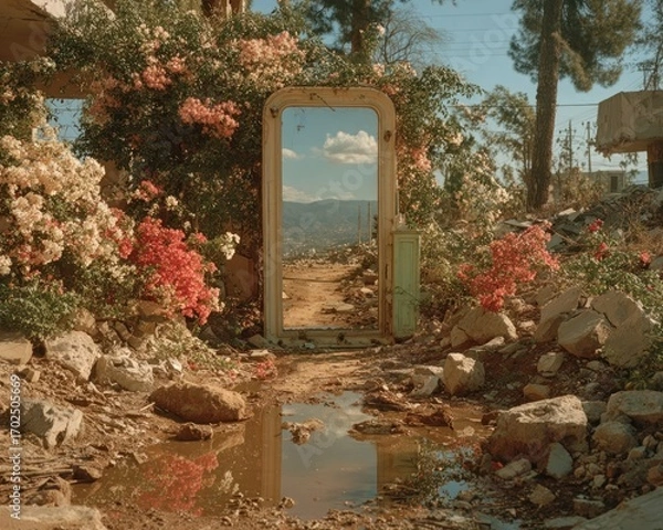Obraz A mirror reflecting a war zone on one side and a peaceful garden on the other