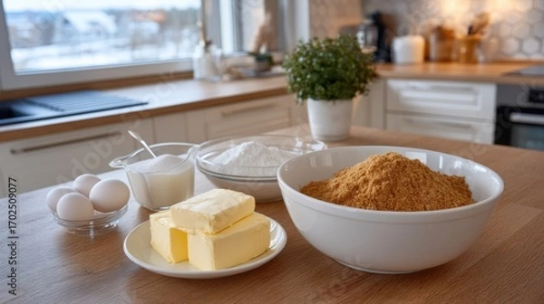 Obraz Ingredients for Baking on Kitchen Table with Eggs, Butter, Sugar, and Flour in Natural Light