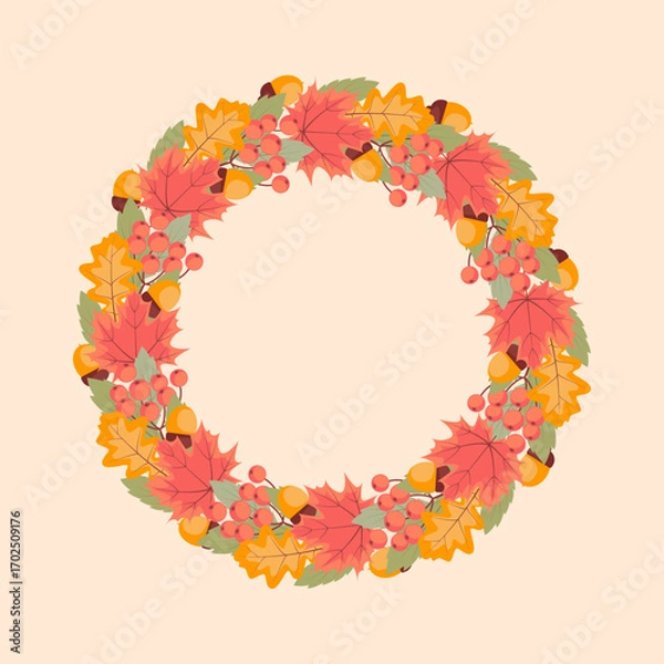Fototapeta Autumn wreath with falling leaves, rowan berries, acorns. Round autumn border from leaves, fruits and berries. Perfect for seasonal cards and posters