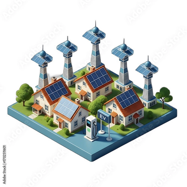 Fototapeta Isometric illustration of a sustainable neighborhood with solar panels and electric vehicle charging stations.