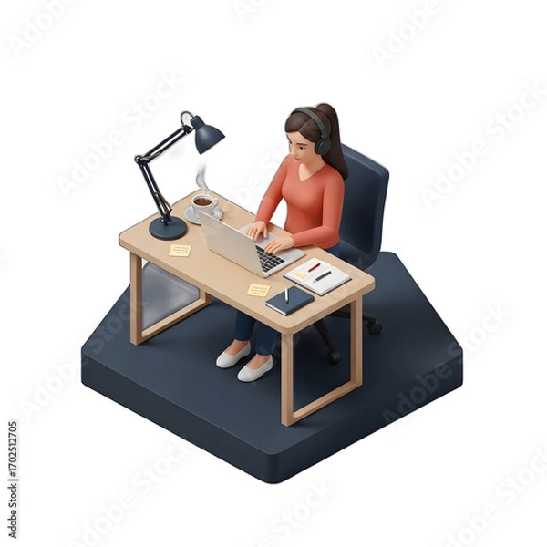 Fototapeta 3D isometric illustration of a woman working at a desk with a laptop.