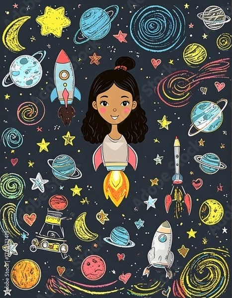Obraz Cute girl astronaut in a galaxy of stars and planets