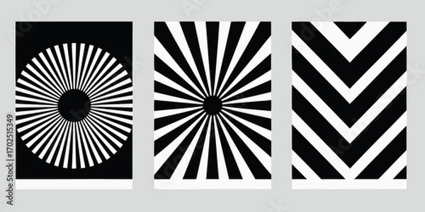 Fototapeta Three abstract geometric patterns in black and white featuring radial sunbursts and chevron stripes