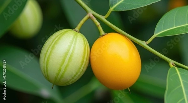 Fototapeta Ripe and unripe tamarillo on branch with green leaves