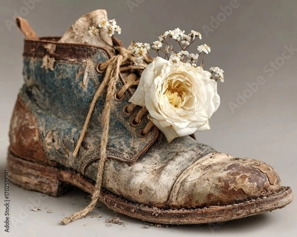 Obraz A pair of worn shoes with a white rose tucked inside