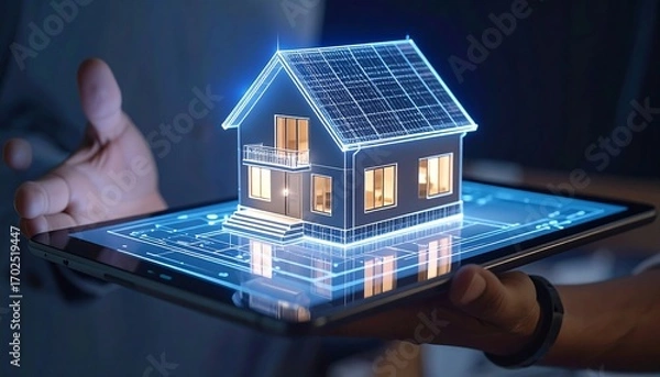 Fototapeta A digital architectural model of a house is displayed on a tablet held by a person, showcasing advanced technology