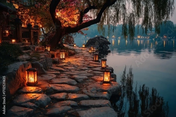Obraz A pathway lined with glowing lanterns leading to a peaceful destination.
