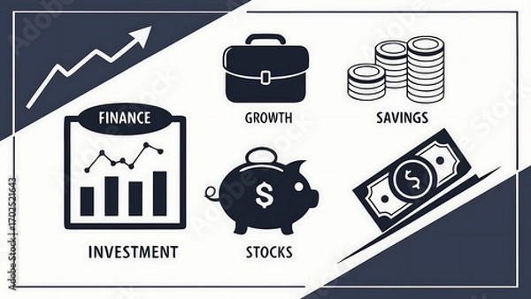 Fototapeta Finance and Investment Icons: Stylized Vector Illustration of Savings, Stocks, Growth, and Financial Planning Concepts for Adobe Stock.               