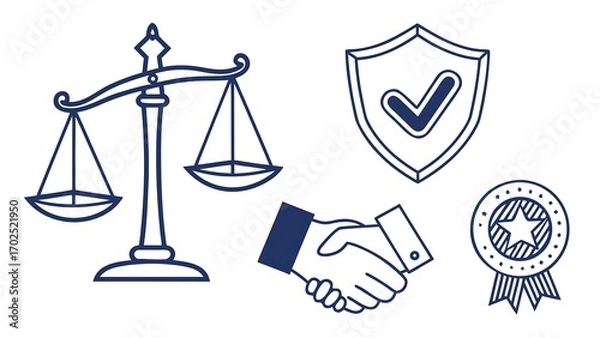 Fototapeta Minimalist Legal and Business Icons: Scales, Shield, Handshake, and Award in Blue Outlines on White                                                   