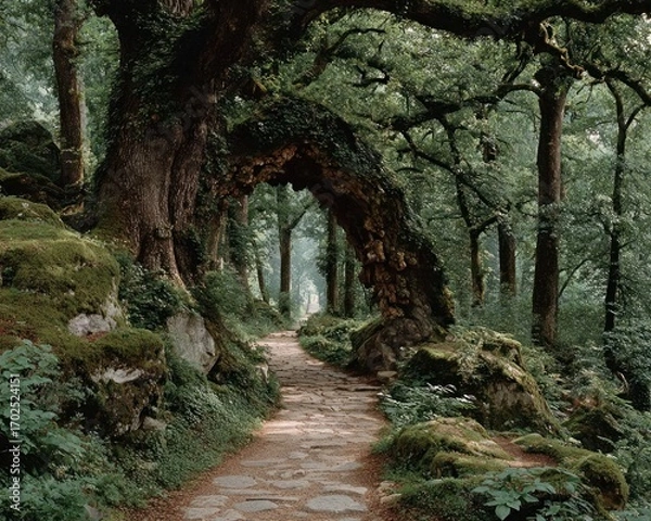 Obraz A path through a forest where the trees form peace signs in the canopy