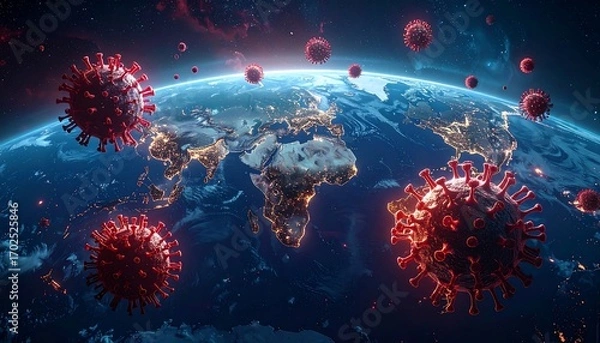 Fototapeta A digital art piece showing Earth at night, encircled by stylized red virus particles floating in a dark atmosphere