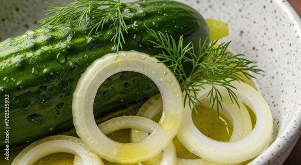 Fototapeta Fresh cucumber salad with onion rings and dill garnish in speckled bowl