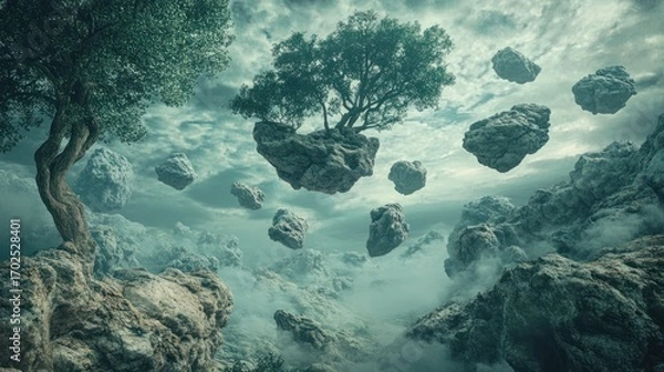 Fototapeta Ethereal Floating Islands: A Surreal Landscape of Trees and Rocks
