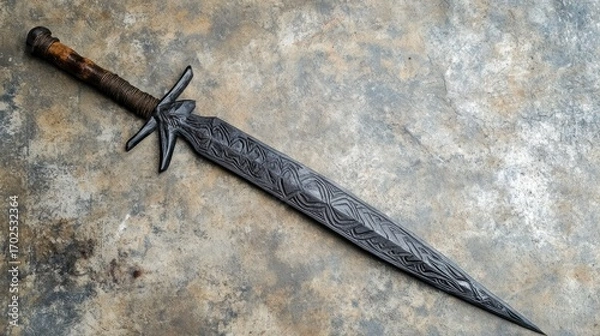 Fototapeta Intricately Carved Dark Sword on Weathered Stone
