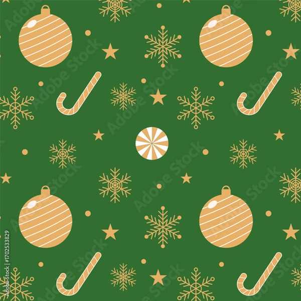 Fototapeta Christmas ornament seamless pattern.Merry Xmas repeat pattern with Christmas balls, candy canes and snowflakes.Luxury winter, new year pattern in gold isolated on green background.