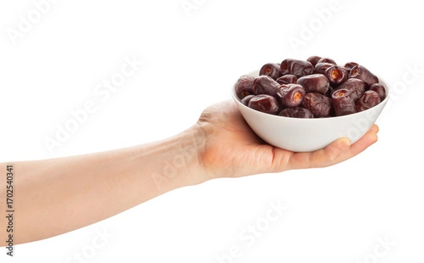 Fototapeta dates fruit in hand path isolated on white