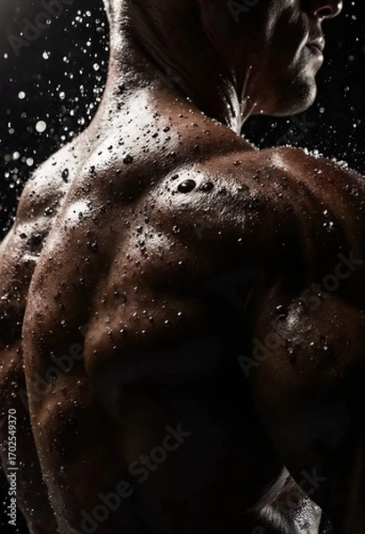 Obraz Powerful Male Back Muscles with Water Drops in Dynamic Lighting