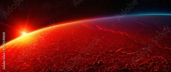 Obraz Stunning Sunrise Over a Fiery Planet with Stellar Background