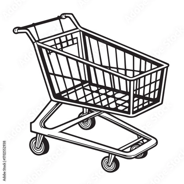 Obraz A black and white illustration of a shopping cart, isolated on white background
