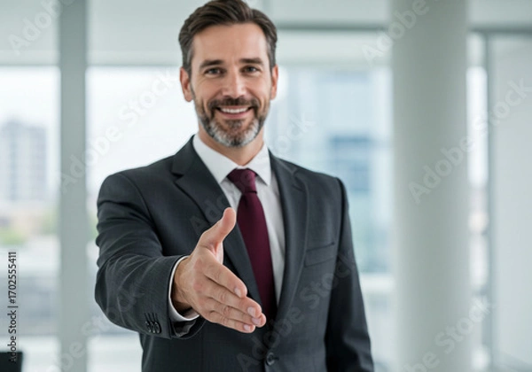 Obraz Confident businessman offering handshake in modern office, ready for partnership and success