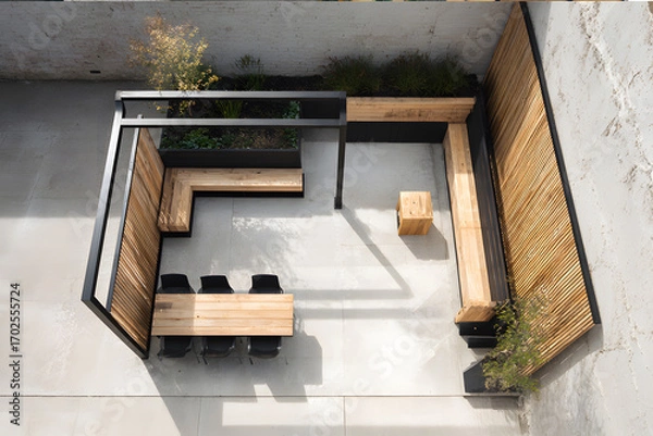 Fototapeta Top view courtyard layout plan with bamboo fence and furniture arrangement ideas, architectural plan, zoning