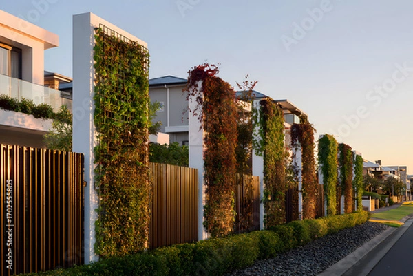 Fototapeta High privacy fence with climbing plants integrating into street architecture and surroundings. 
