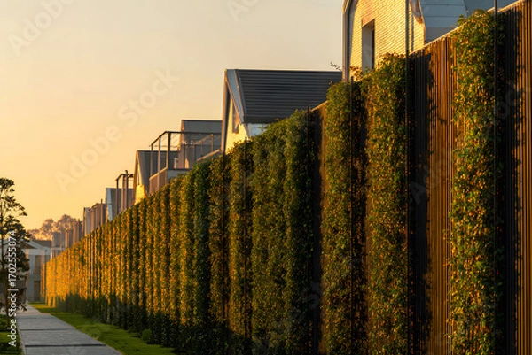 Fototapeta High privacy fence with climbing plants integrating into street architecture and surroundings. 