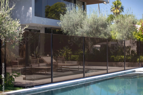 Fototapeta Pool area separated by dark glass panels for privacy and modern zoning. architectural and design solution. 