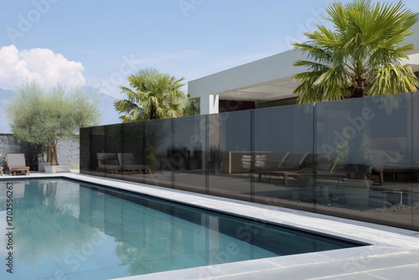 Fototapeta Pool area separated by dark glass panels for privacy and modern zoning. architectural and design solution. 