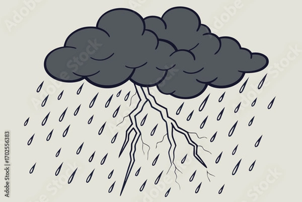 Fototapeta Vector art of a dark storm cloud unleashes a torrent of rain and a jagged bolt of lightning, symbolizing the power and drama of a thunderstorm
