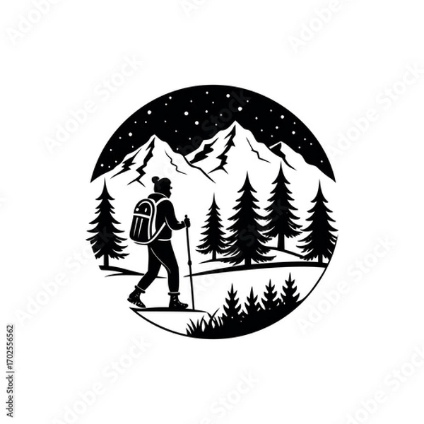 Fototapeta Monochrome Silhouette of a Hiker in Mountainous Landscape with Pine Trees