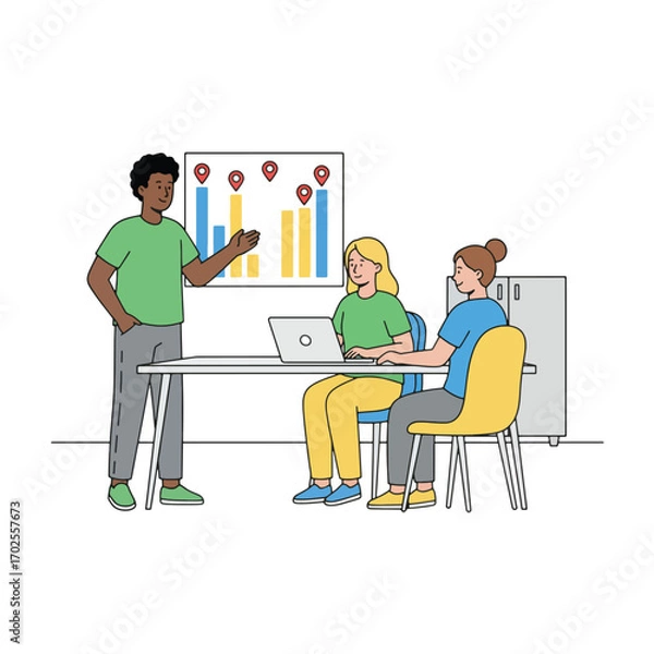 Fototapeta Business meeting with a man presenting data to his colleagues isolated on white background