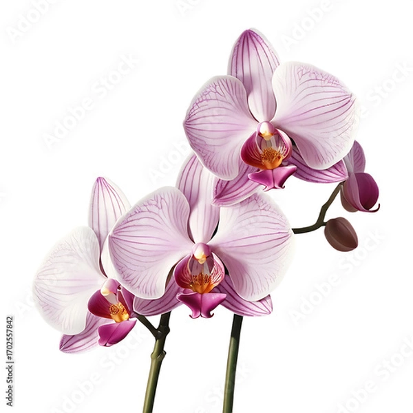 Fototapeta Delicate light pink orchid flowers with intricate details bloom against a deep black background studio shot